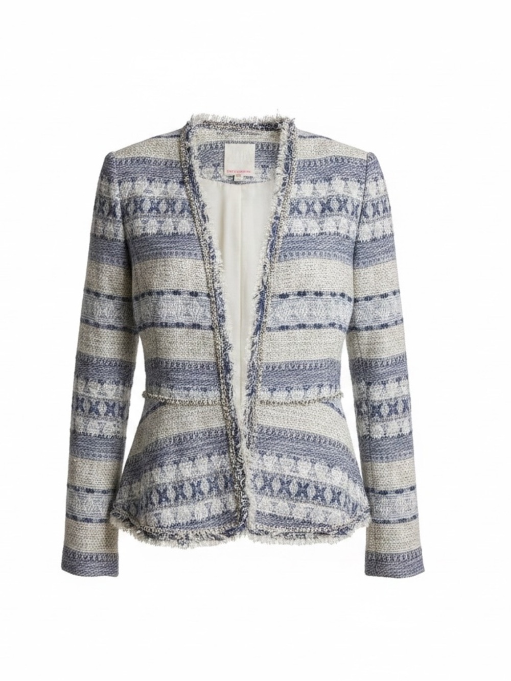 Rebecca Taylor Tweed Jacket Blue Cream Fringe Trim Tailored Blazer